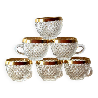 Set of 6 vintage cups in molded glass and gold rim