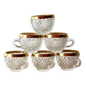 Lot de 6 tasses vintage en verre moulé et bord doré