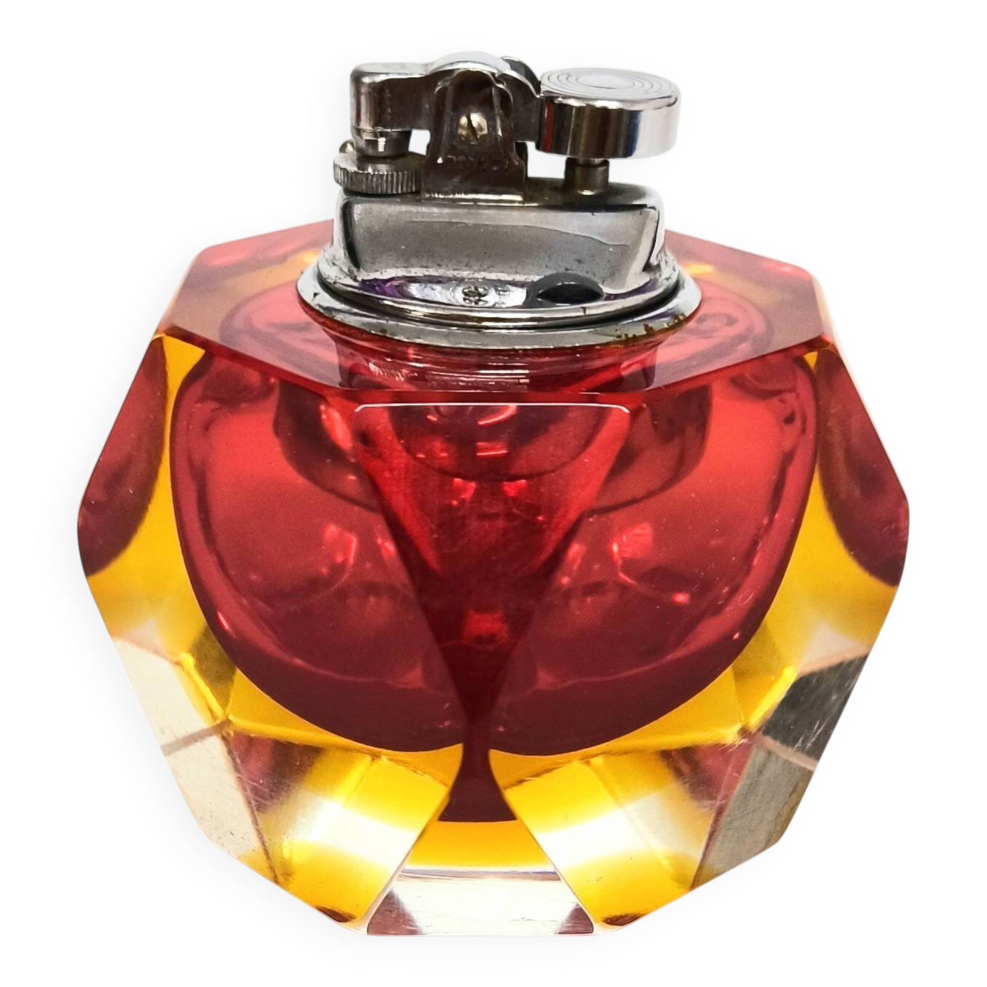 Cendrier vintage en verre de Murano facetté, jaune et rouge