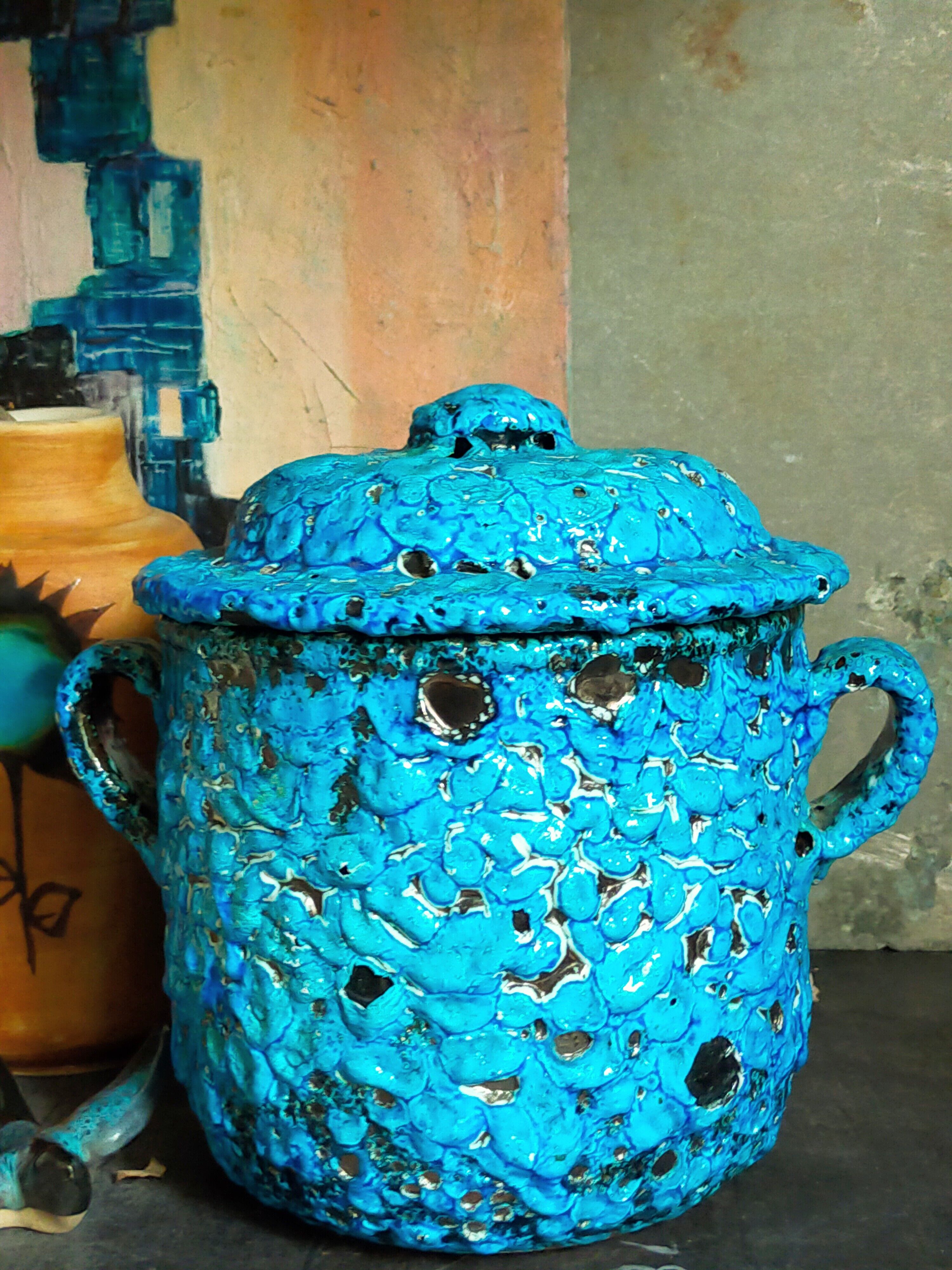 Covered ceramic pot fat-lava foam glaciers, enamels le cyclope, annecy