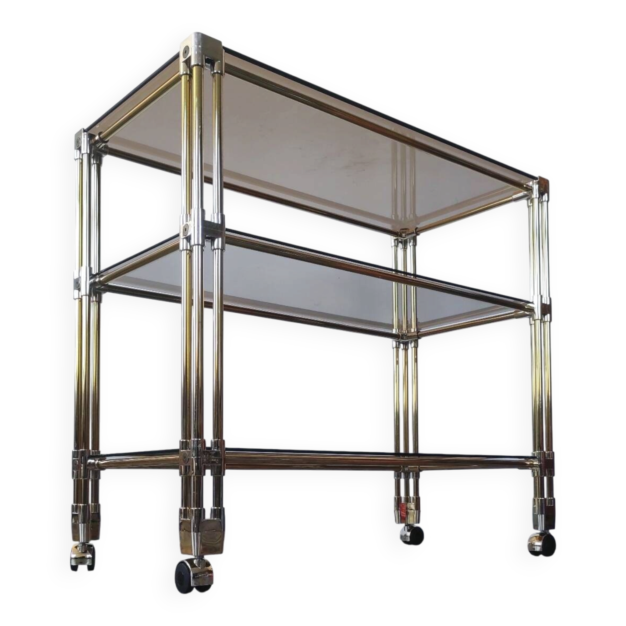 Dessert, vintage gold rolling bar, chrome and smoked glass.
