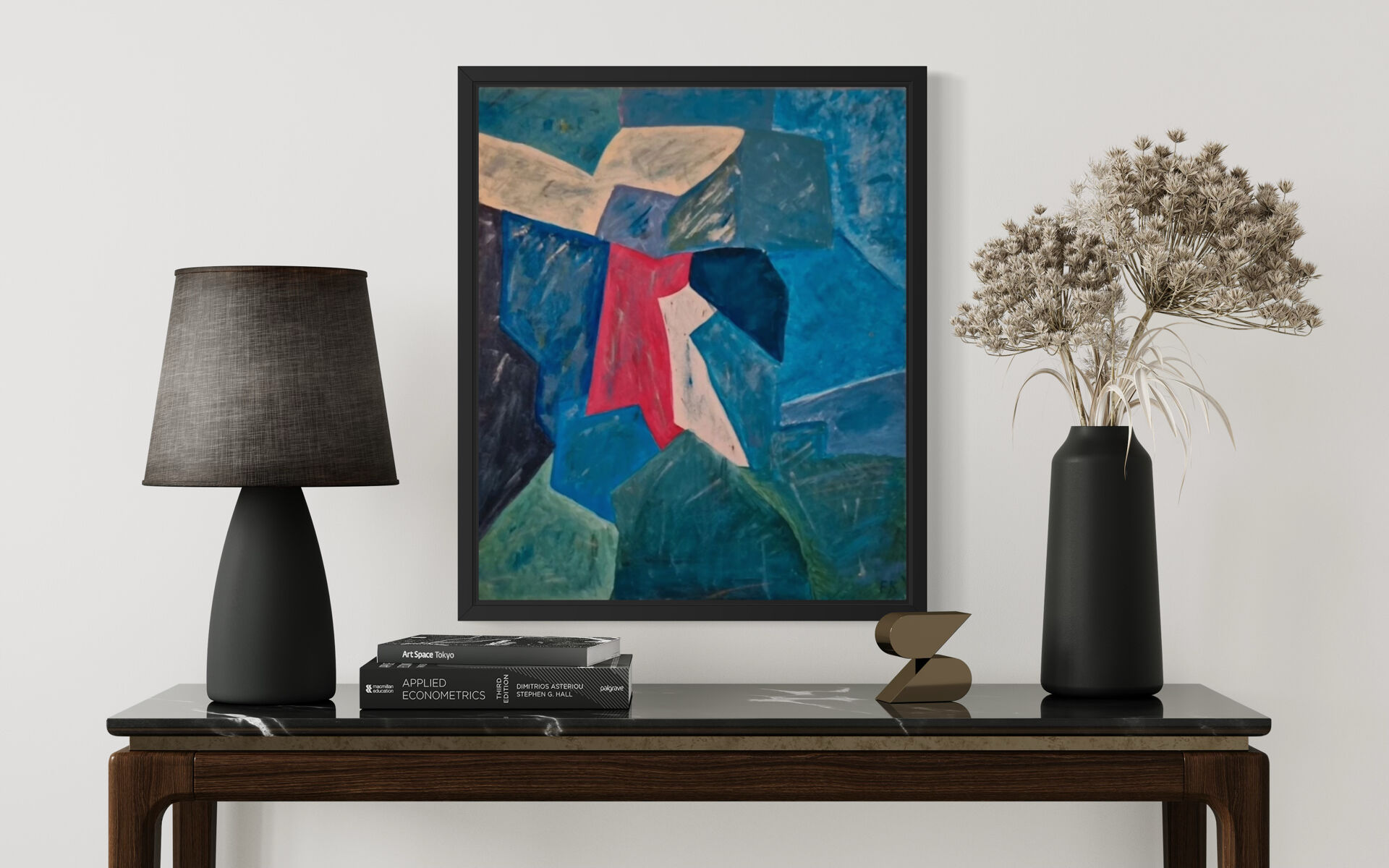 Abstract table blue green red 60x50 cm painting signed