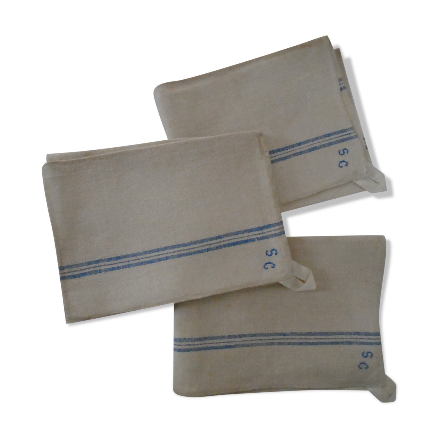 3 Old linen torchons blue stripes