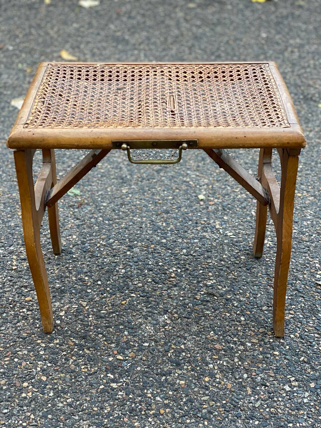 Solid wood folding stool with caned seat