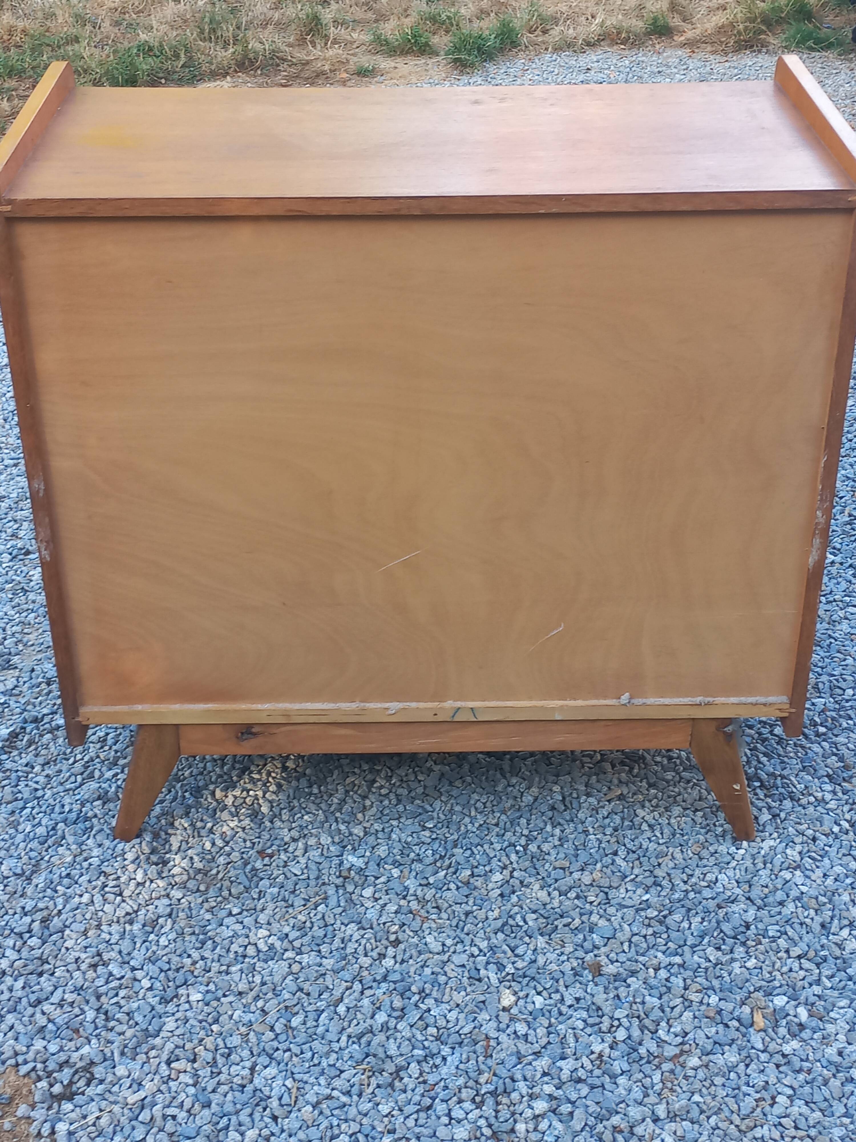 Commode vintage en chêne blond pieds compas 4 tiroirs 1950