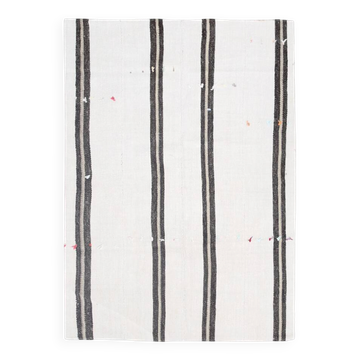Kilim Vintage Turc Rayé, Noir et Écru, Tissé Main, Style Moderne, 144x202Cm