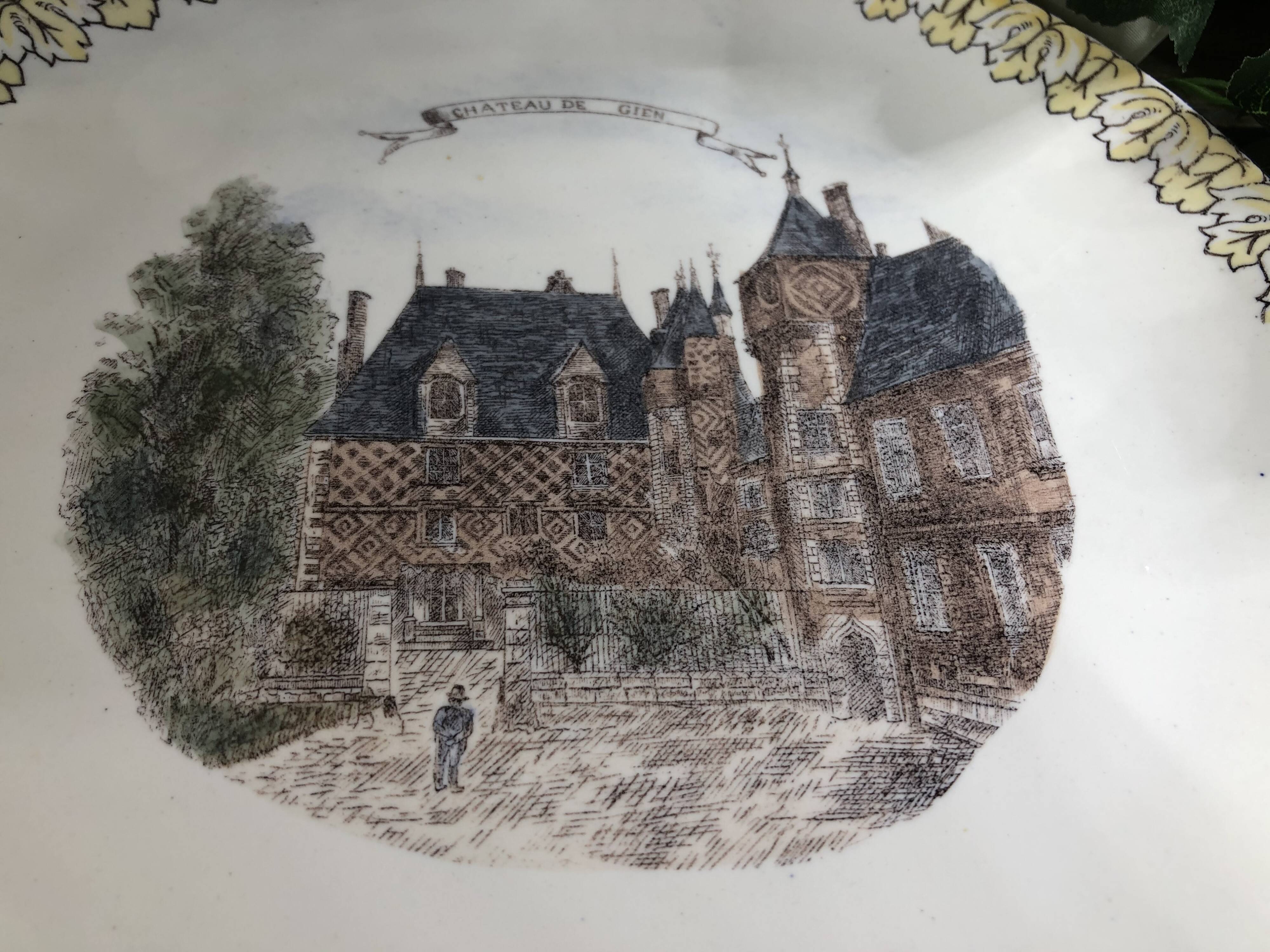 Gien earthenware cake presentation dish with castle decor