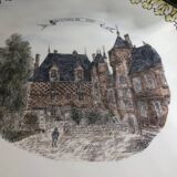 Gien earthenware cake presentation dish with castle decor