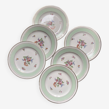 6 assiettes plates l'Amandinoise demi-porcelaine  à fleurs mint