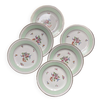 6 assiettes plates l'Amandinoise demi-porcelaine  à fleurs mint