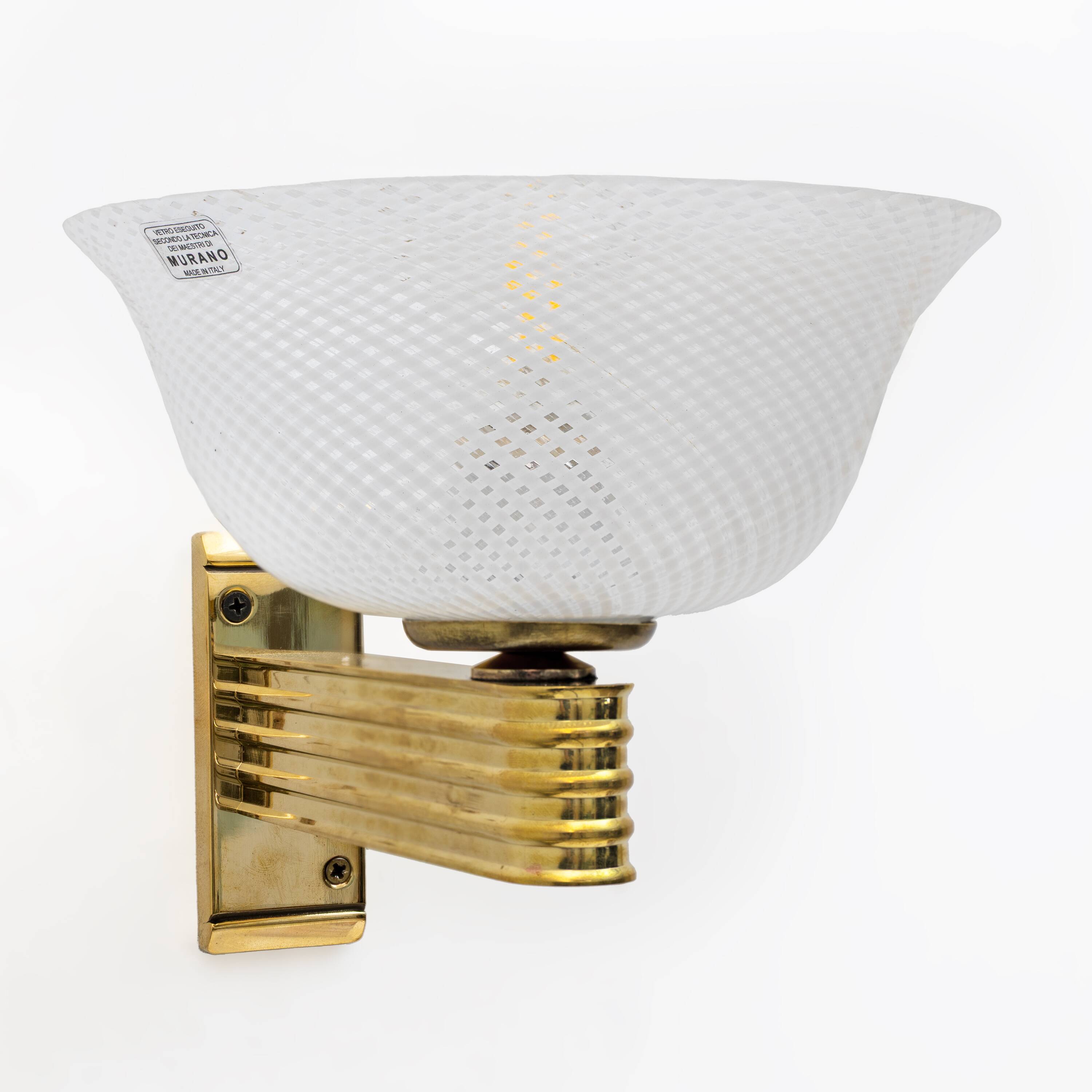 Carlo Scarpa Brass and "Reticello" Murano Glass Sconces for Venini, Pair