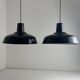 Pair of antique enamelled industrial workshop suspensions