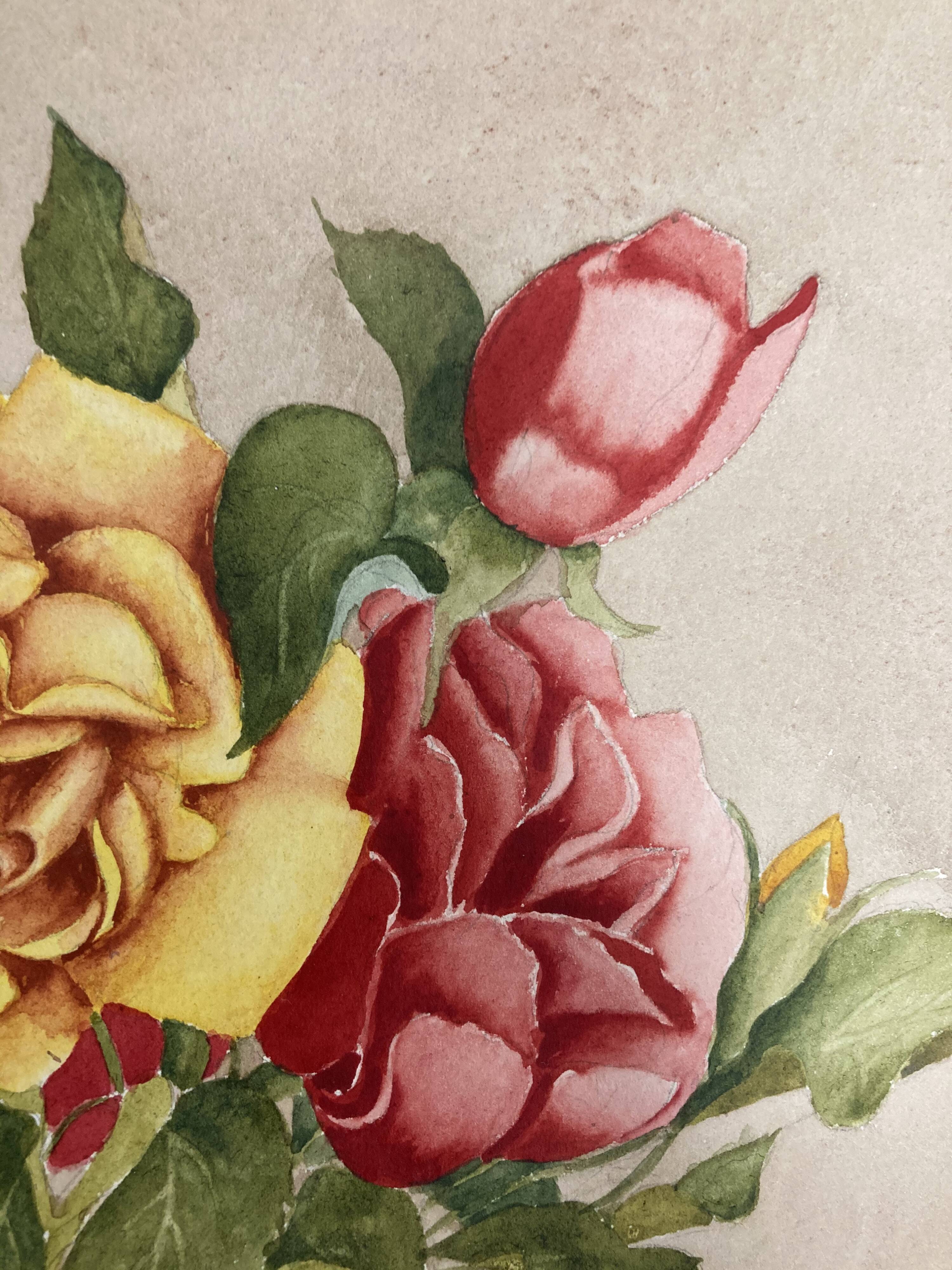 Vintage watercolor with roses in earthenware vase with angel