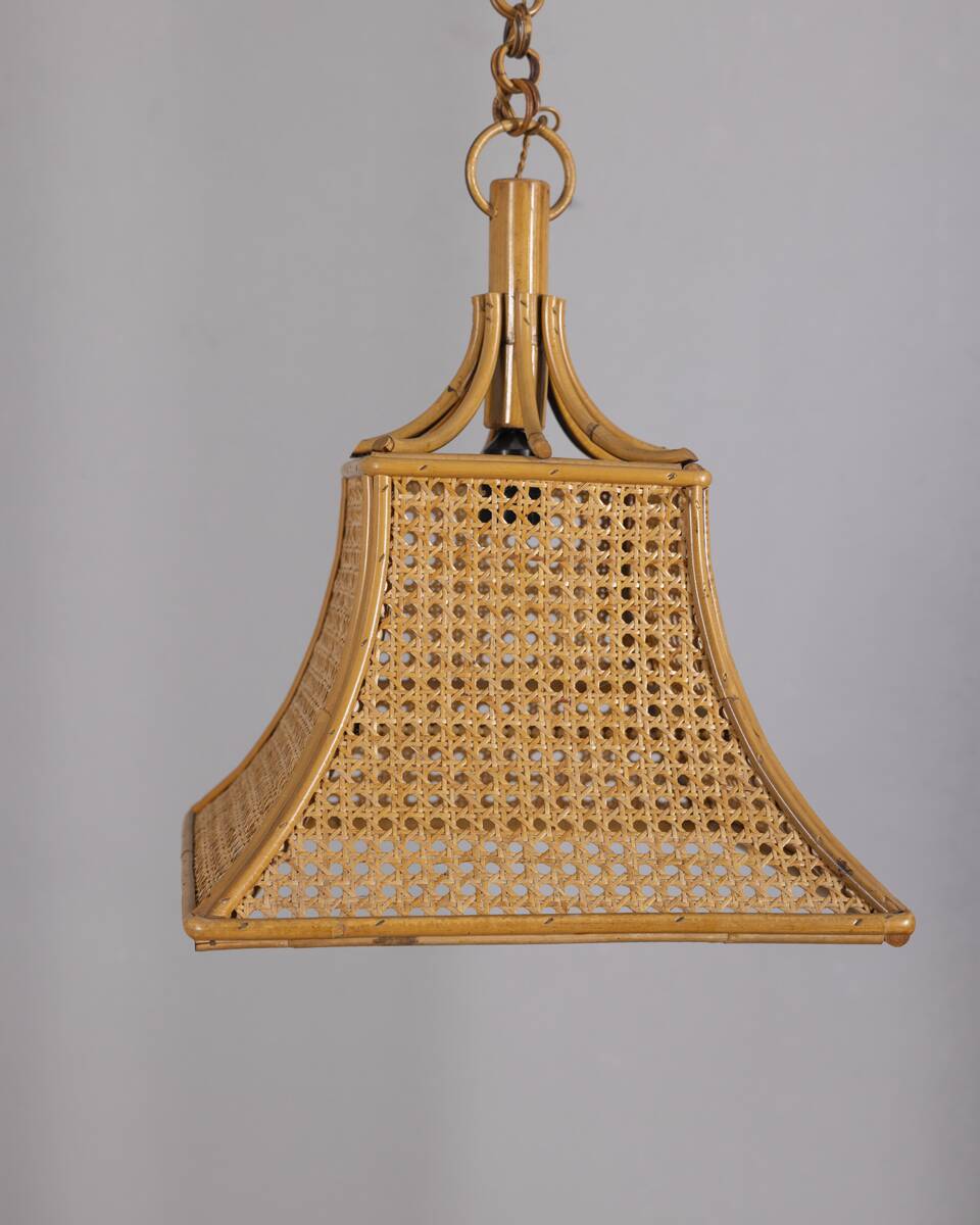 Vintage 1960s Bamboo and Straw Pendant Lamp, Italian Design