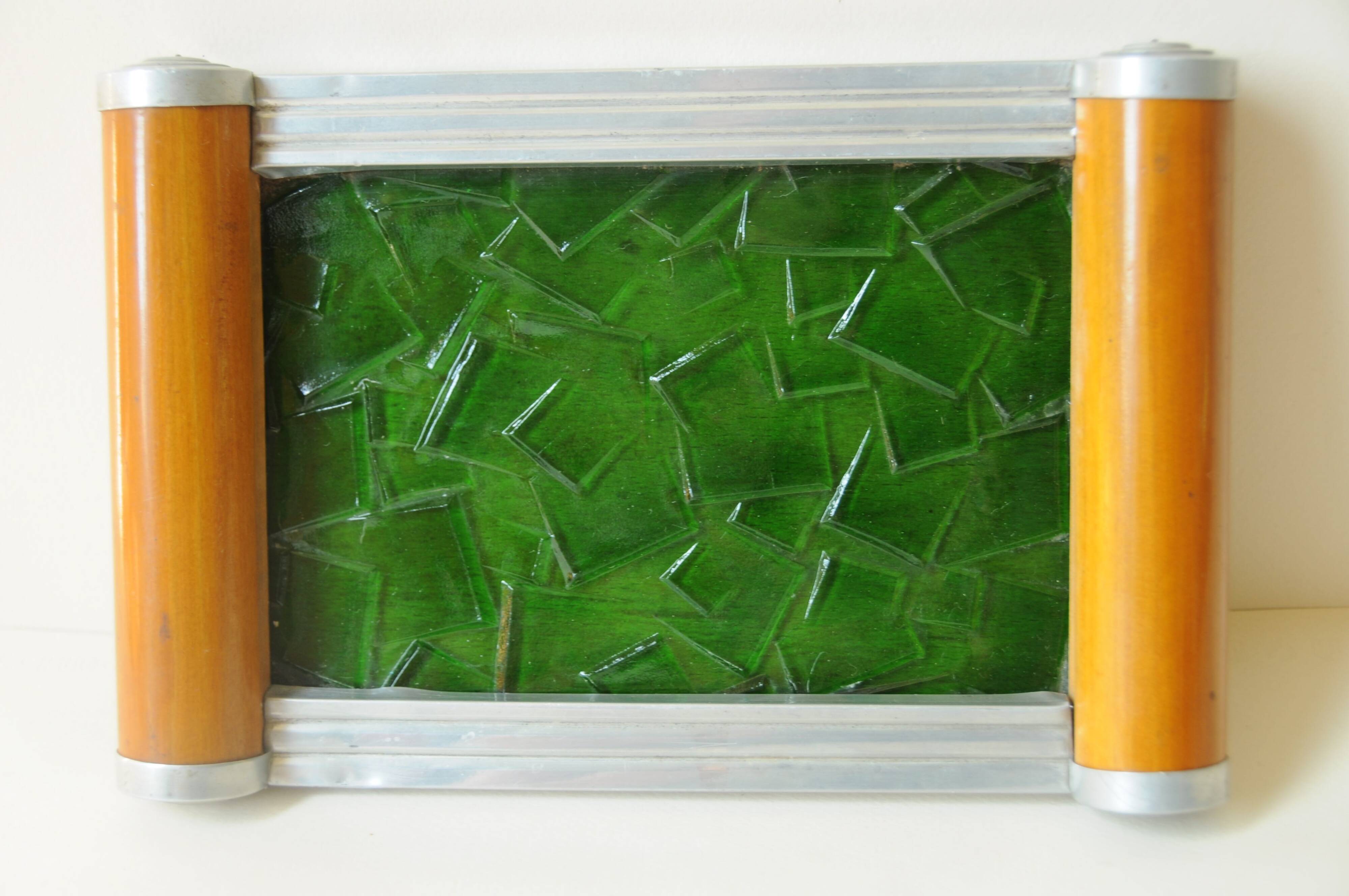 Original Art Deco vintage design plateau in green glass, wood and aluminium.