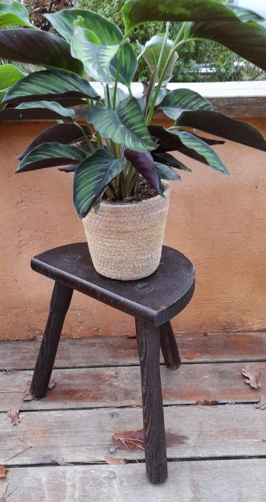 Old farmhouse stool in solid wood, brutalist & authentic, circa 1970's