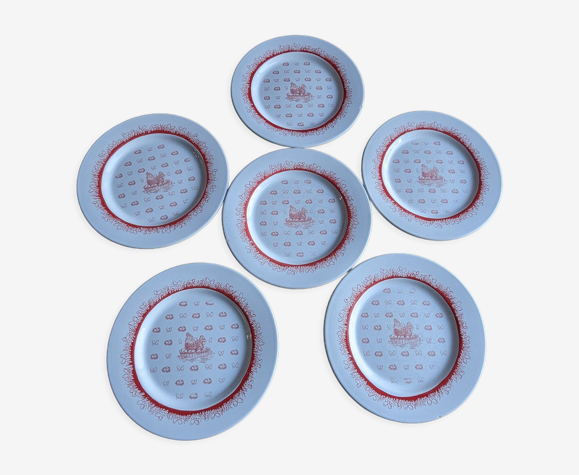 Ensemble de 6 assiettes plates entrée dessert Viens Pou-poule par Geneviève Lethu 1997