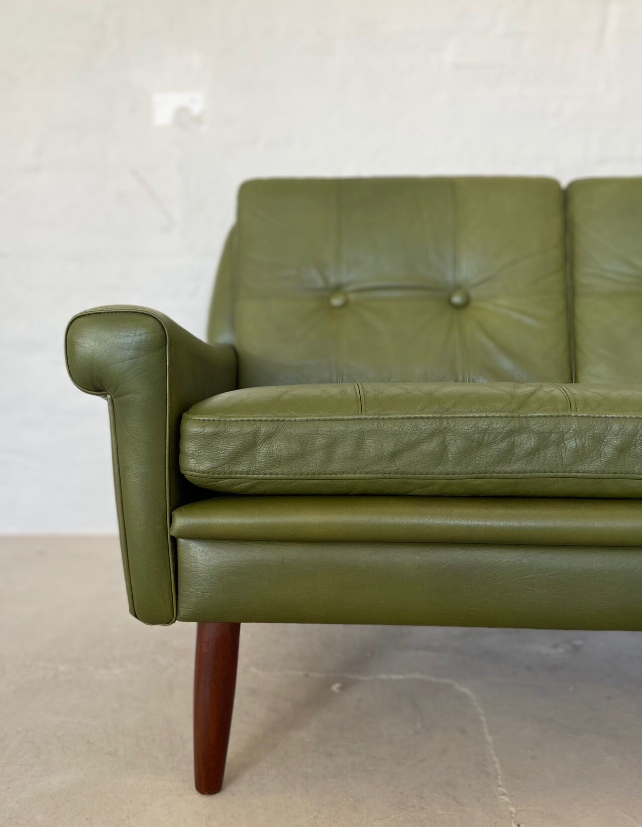 Vintage Danish mid-century Svend Skipper 3 person sofa in olive green leather 1965