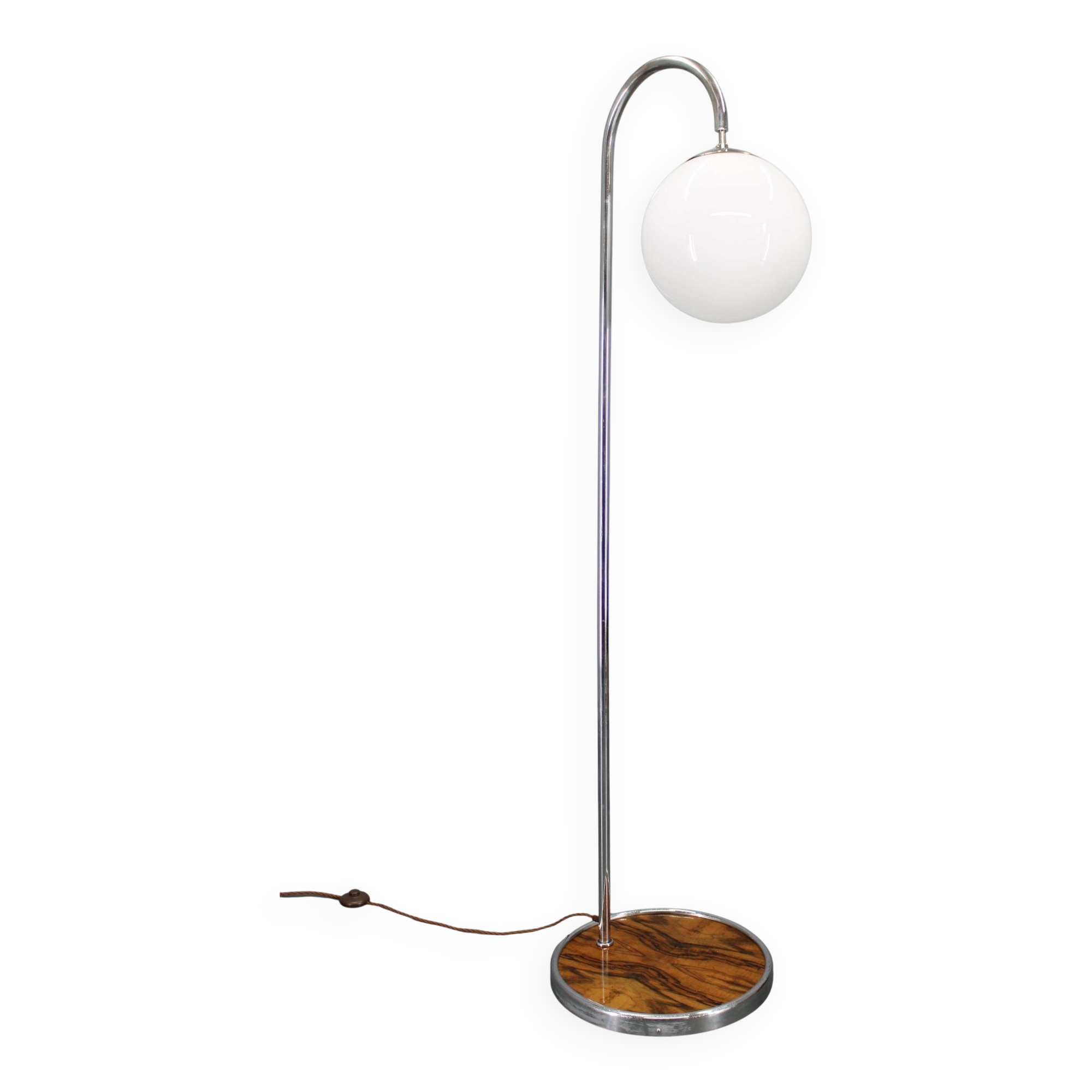 Art Deco chrome floor lamp, milk glass, walnut base, 1930s Czechoslovakia
