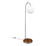 Art Deco chrome floor lamp, milk glass, walnut base, 1930s Czechoslovakia