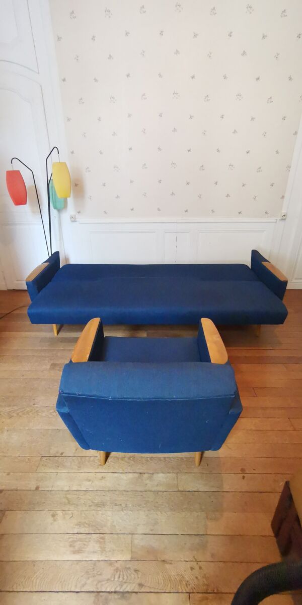 Duo 1 canapé daybed 1 fauteuil club année 50 60 bleu