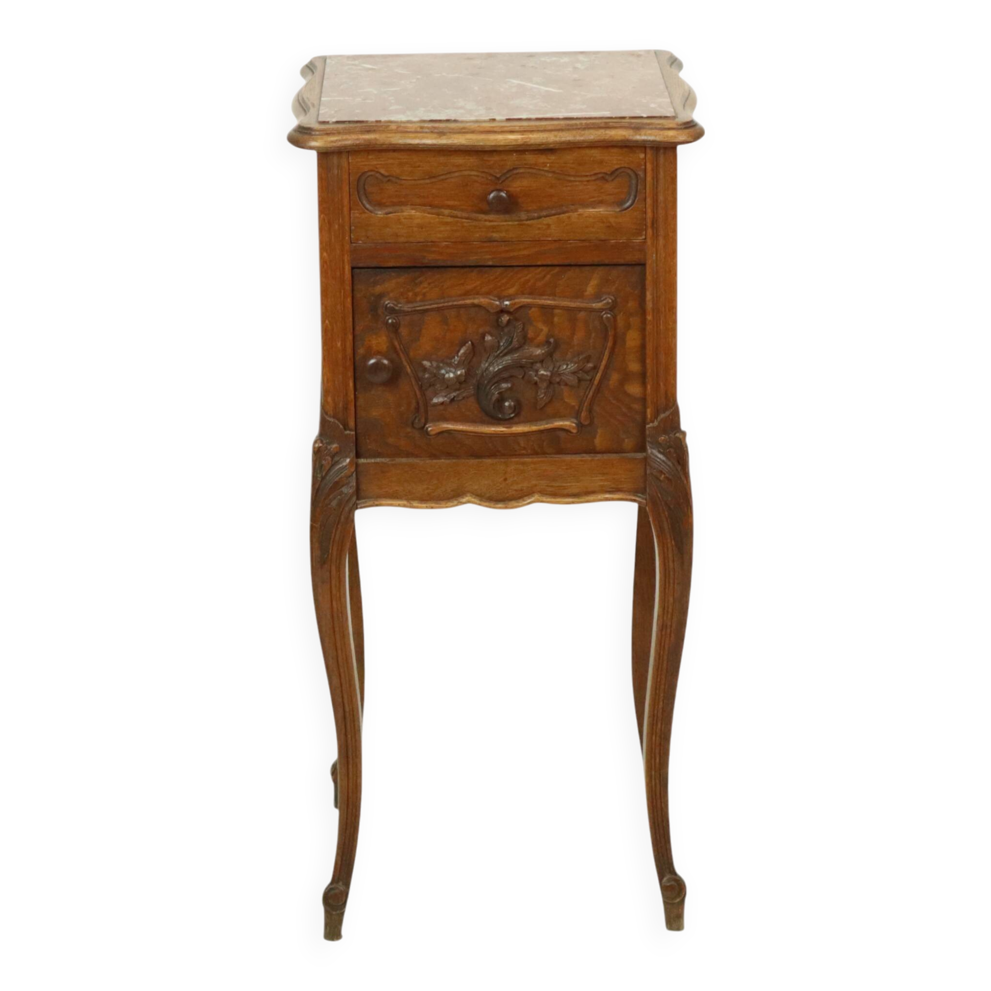 Table de chevet ancienne en chêne et marbre rouge de style Louis XV
