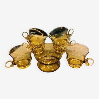 Set of vintage blown glass cups and sugar bowl Poland