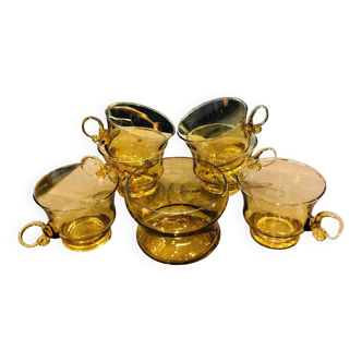 Ensemble tasses et sucrier verre soufflé vintage, Pologne