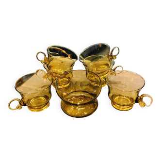 Set of vintage blown glass cups and sugar bowl Poland