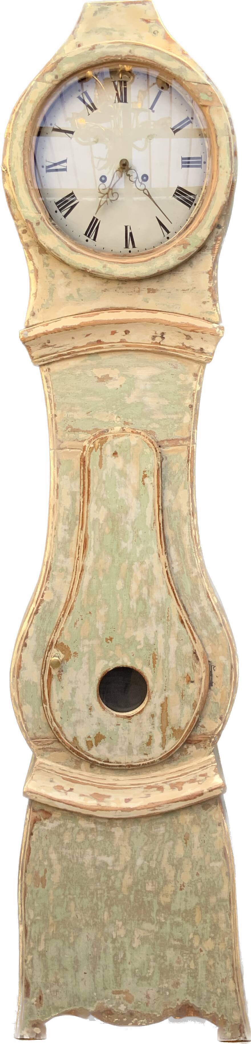 Antique mora clock long case, mint colour wood case 1800s