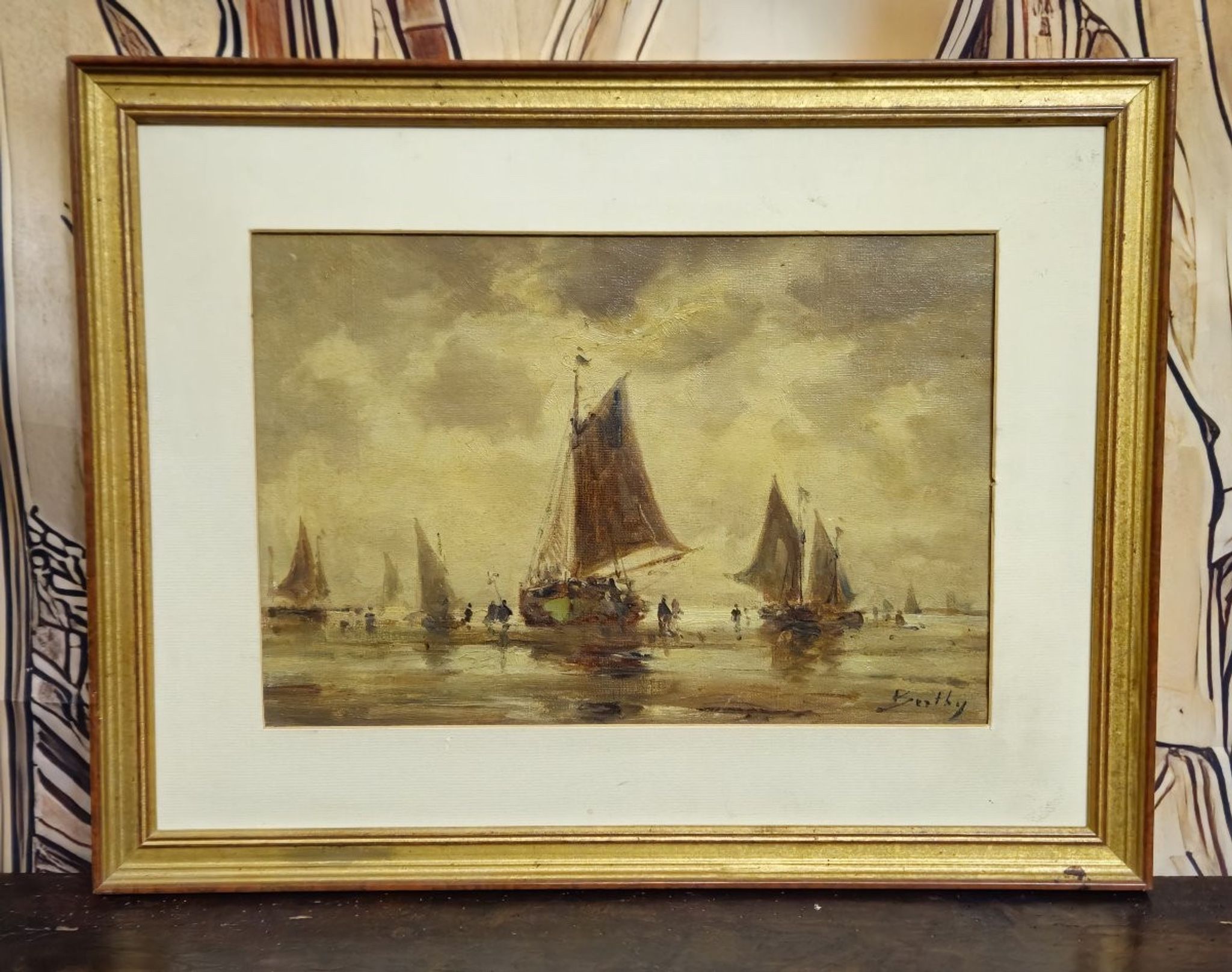 Oil on canvas antique – seascape with sailing boats – signed Bentley