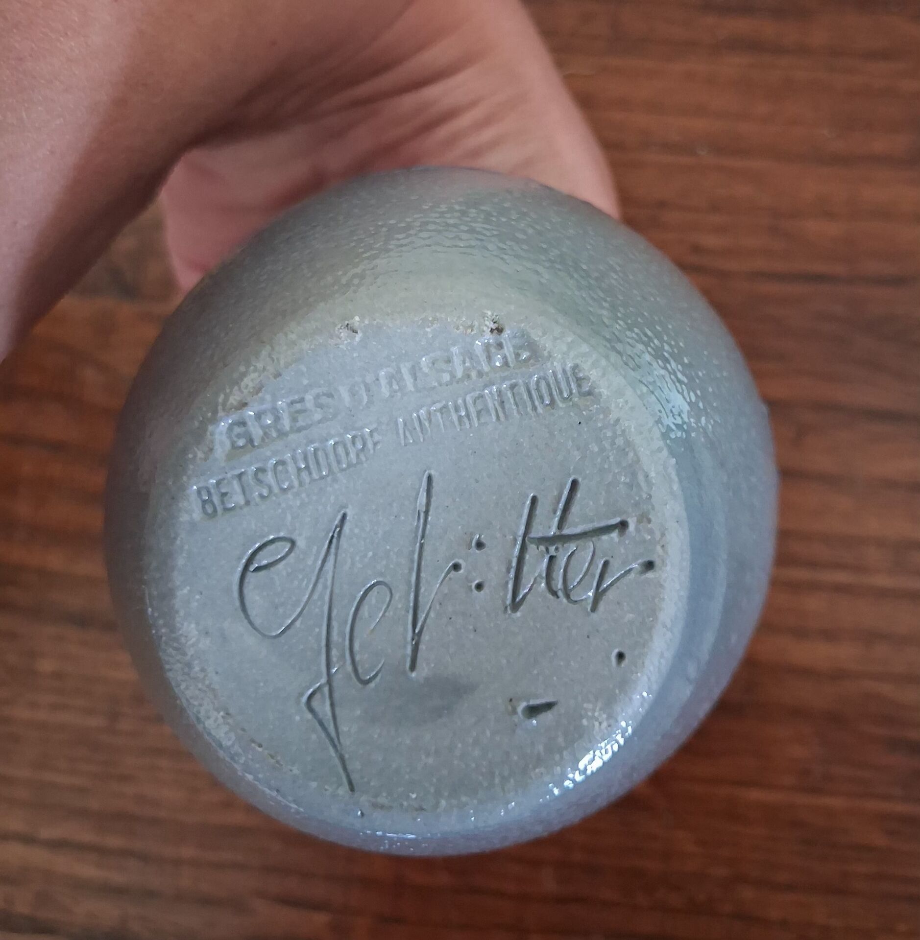 Cobalt blue Alsace stoneware soliflore vase signed Schmitter vi