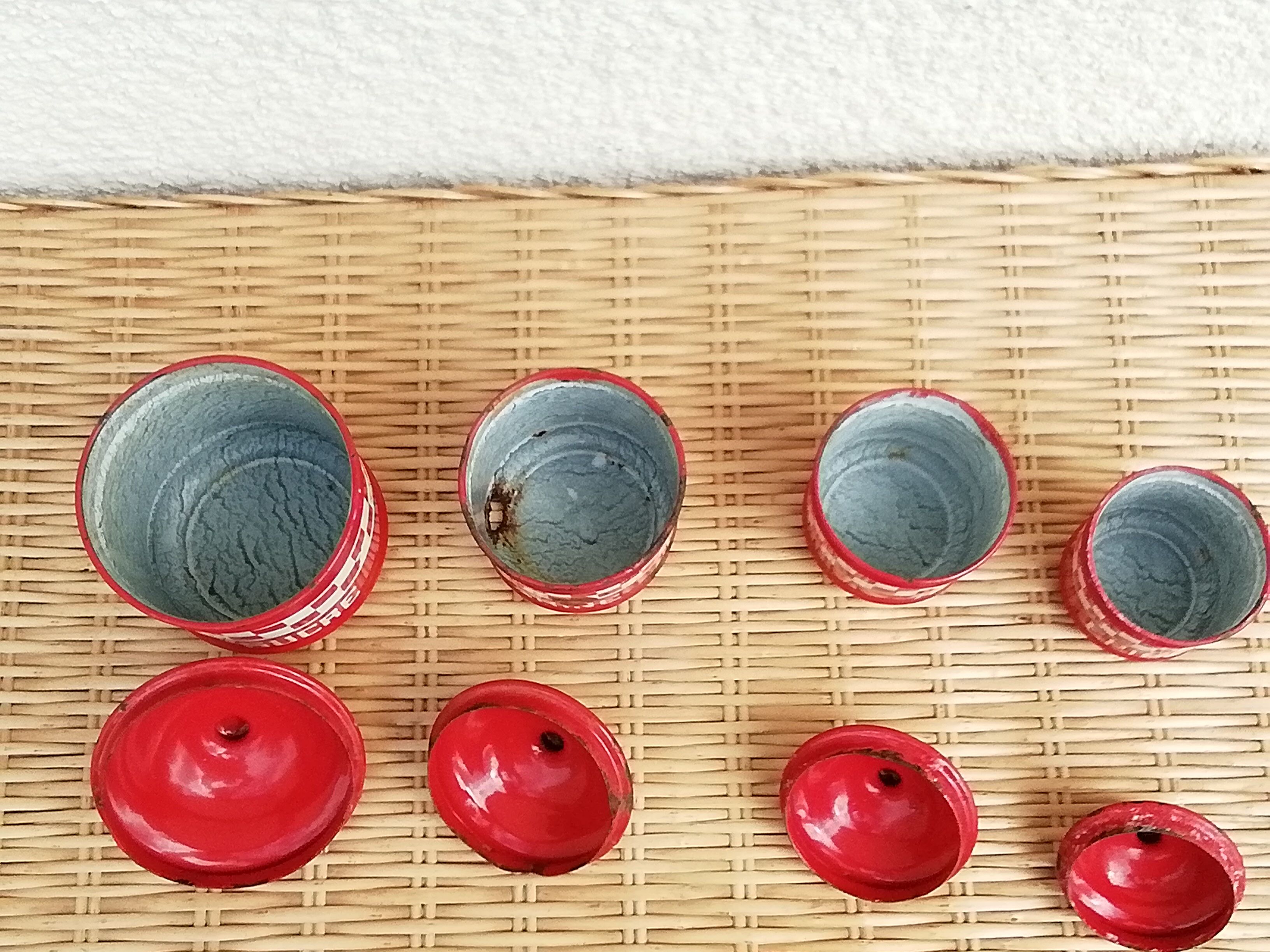 Spice pots enamelled sheet decoration Lustucru red