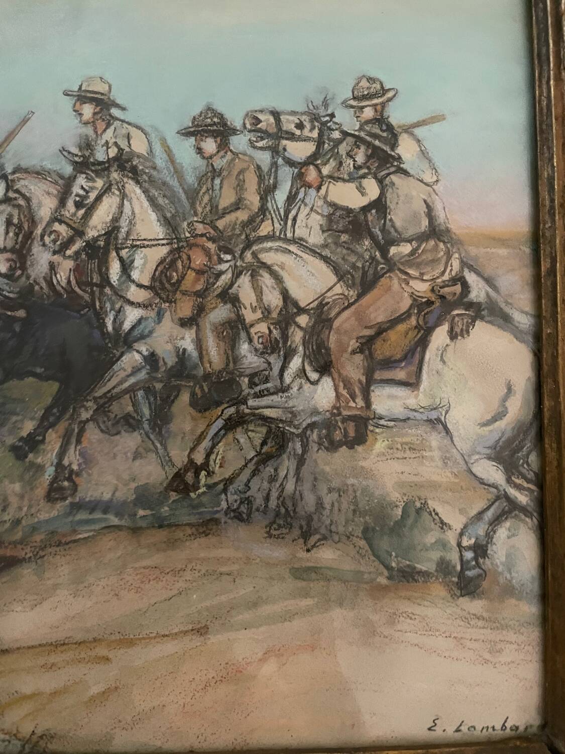 Pastel painting of a horseman scene