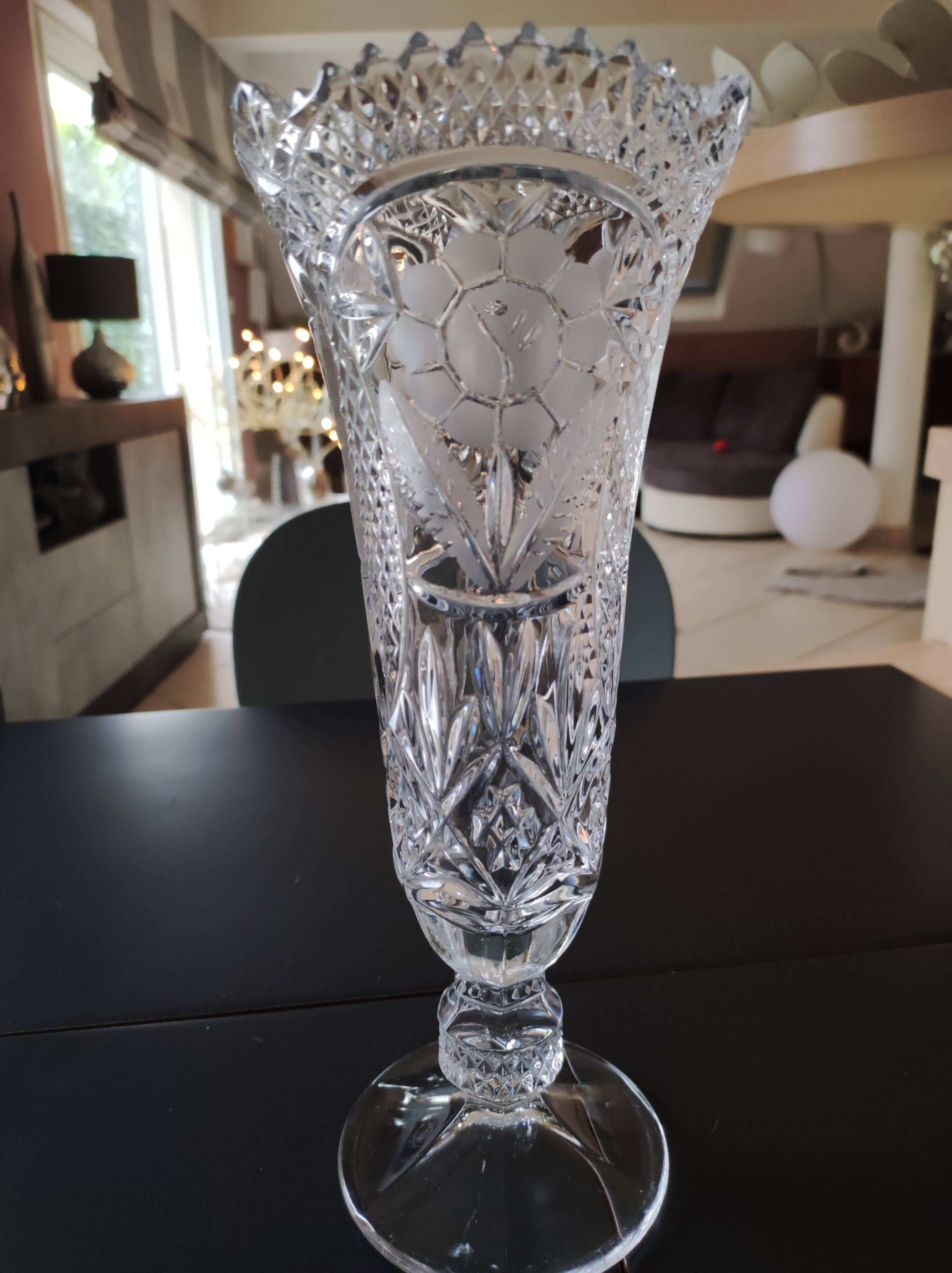 Vintage vase in stylish bohemian chic crystal, floral motifs, braces