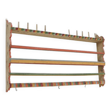 Antique Rustic Farmhouse Folk Art Painted Kitchen Plate Rack / Wall Shelve