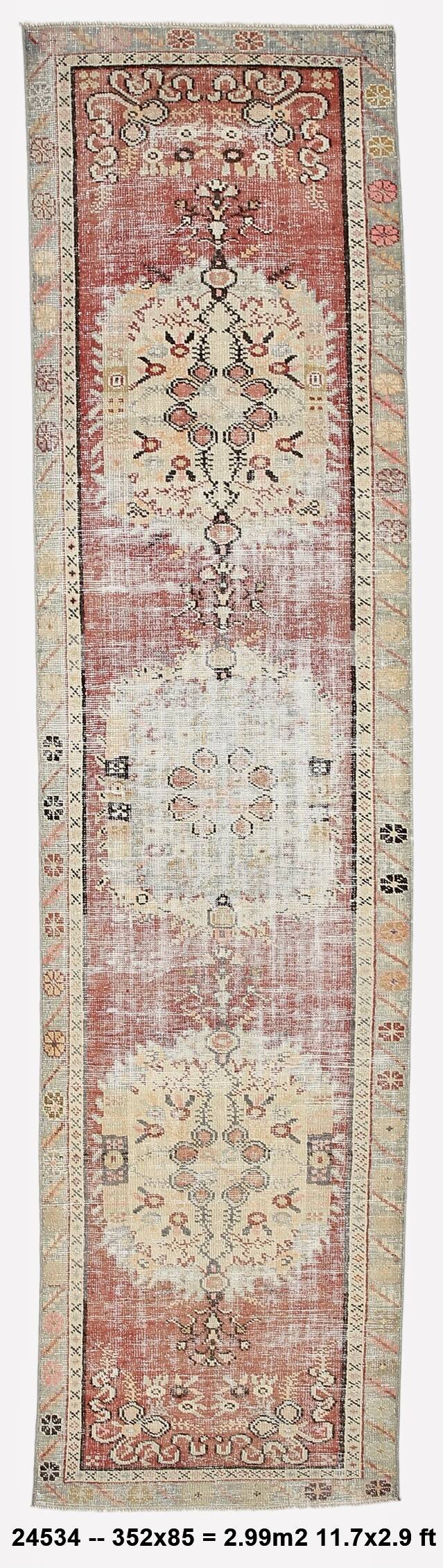 Turkish Red & Cream Oriental Vintage Runner Rug, 85x352Cm