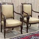 Pair of Restoration armchairs in mahogany from the end of the 19th century (fabric defects)