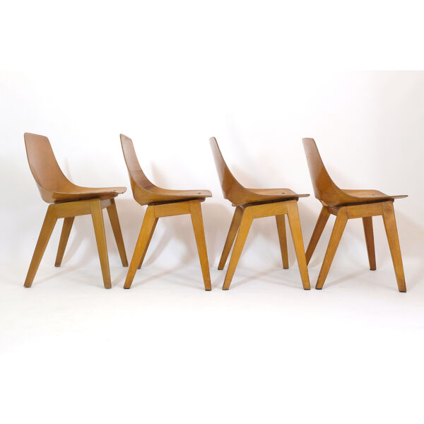 Lot De 4 Chaises Tonneau De Pierre Guariche, steiner, 1950