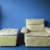 Patchwork leather olive green lounge chair and ottoman by Laauser, 1970s
