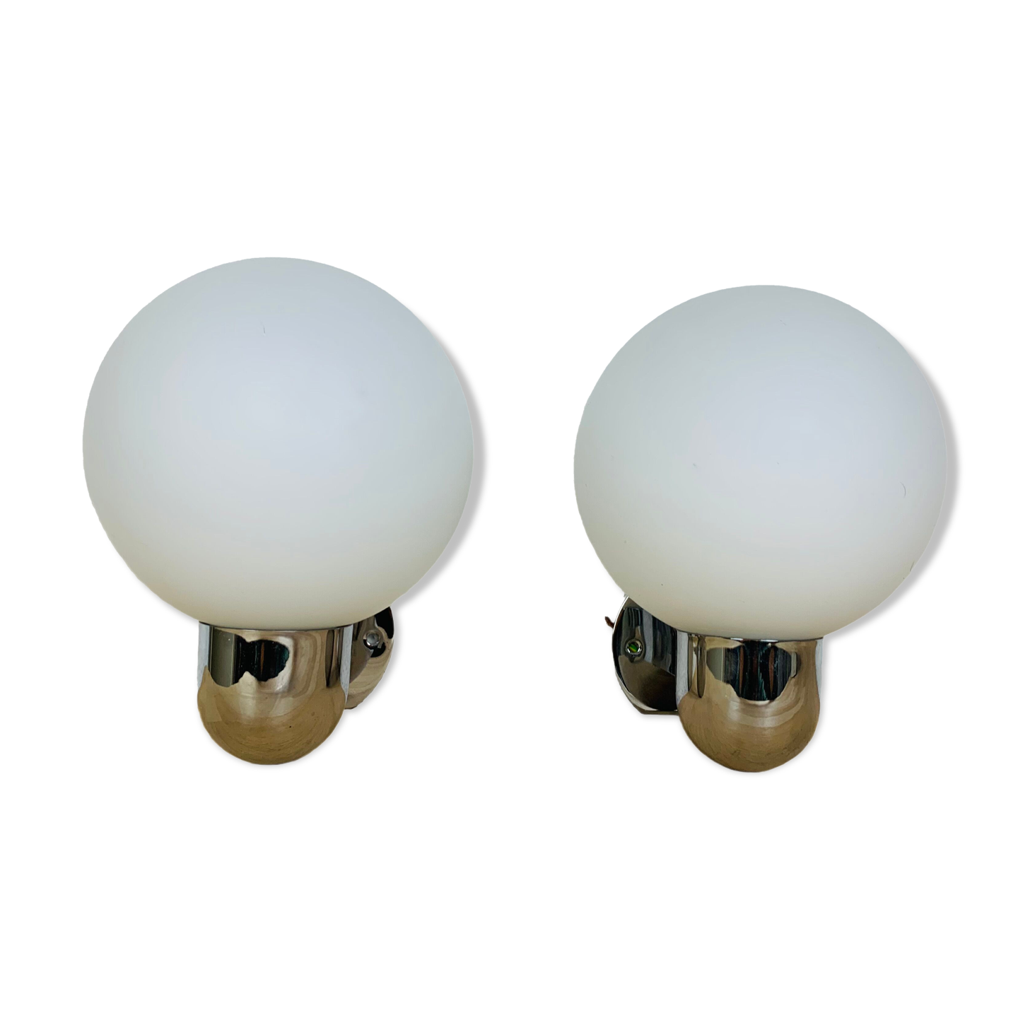Pair of wall lamps space age chrome and opal globe 70s