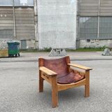 Safari chair in pine and leather, first edition attributed to Karin Mobring, 1970s