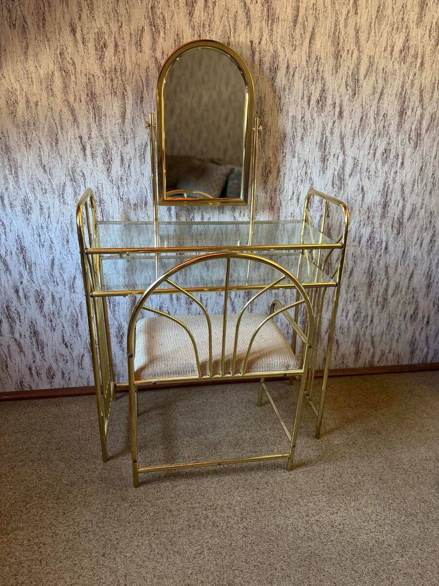 Vintage brass dressing table with mirror and matching stool, 1950s.
