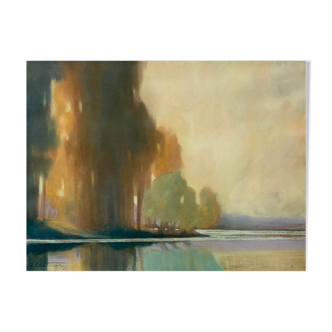ableau Grand pastel 1922 signed Landscape of pond signed
