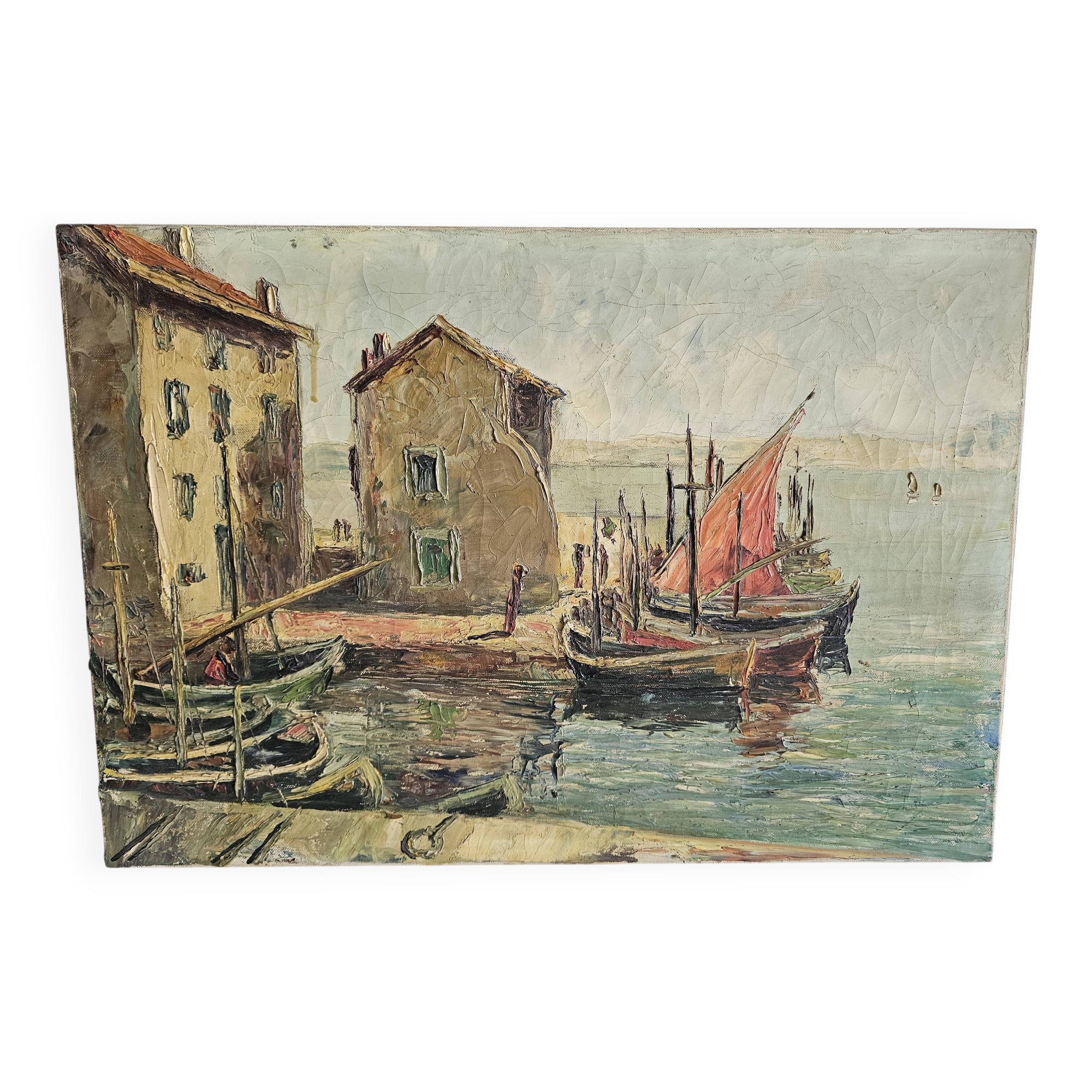 Oil on Canvas Marine Port of Martigues Signed (to be identified) Accid