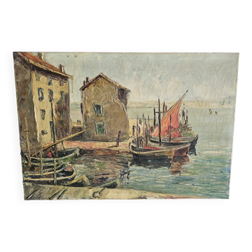 Tableau Huile sur Toile Marine Port de Martigues Signé (à identifier) Accid