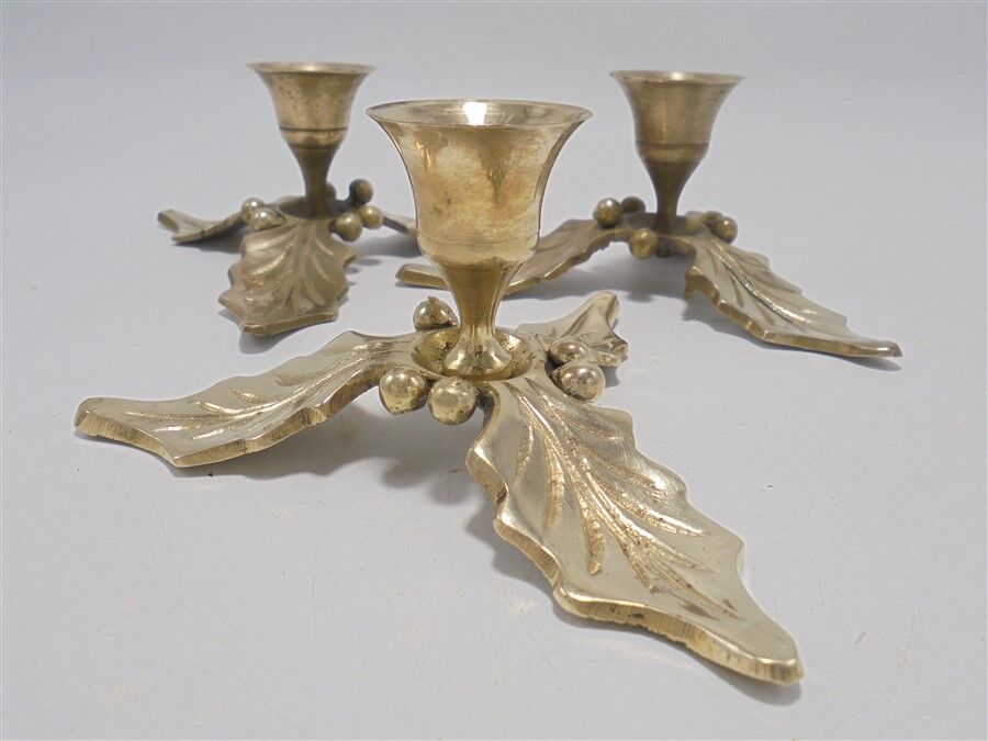 Trio of brass candle holders décor holly