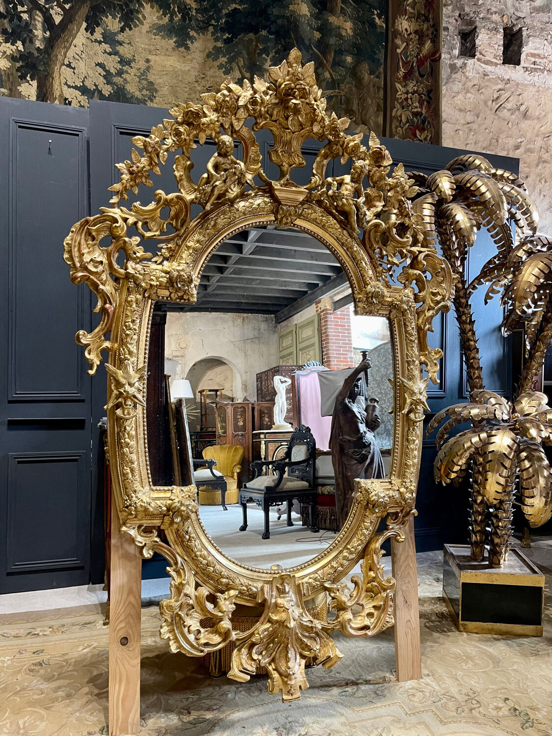 Mirror with Putti in Gilded Wood from the Napoléon III Period 1.96m x 1.33m