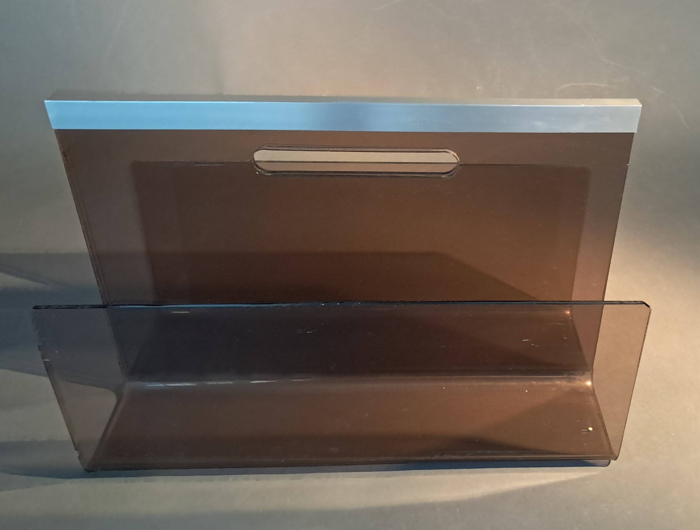 Smoked plexiglass magazine rack, Michel Dumas 1970.