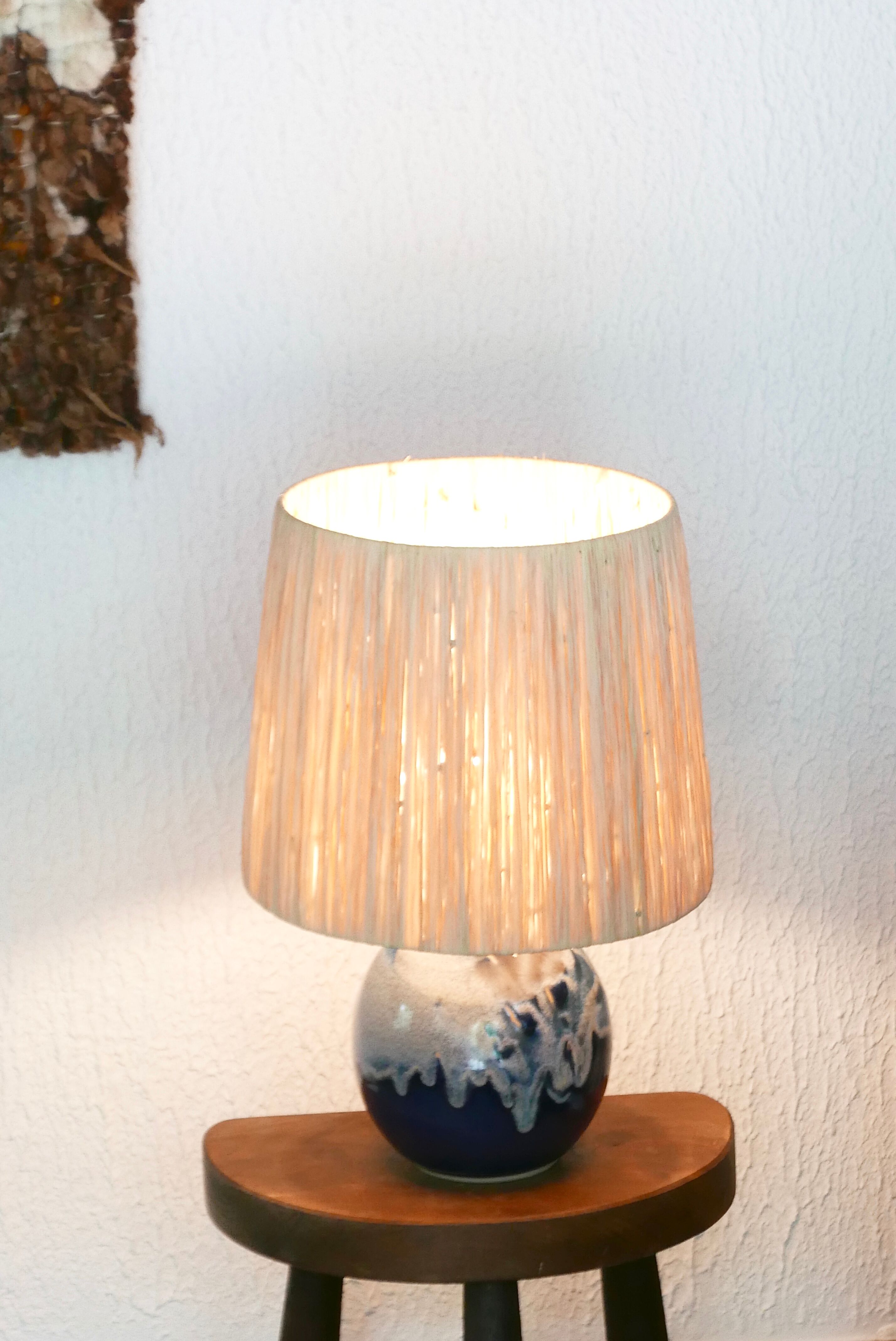 Signed ceramic lamp, raffia lampshade, 70s